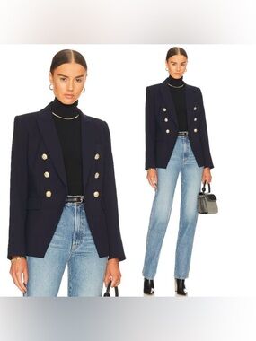 Veronica Beard Miller Dickey Navy Blazer Linen Blend Jacket with Gold Buttons 16